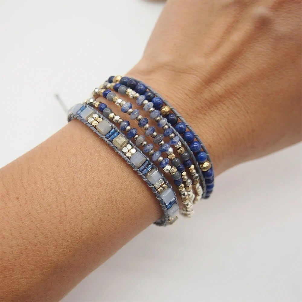 Sodalite Lapis Lazuli Triple Strands 5 Wraps Bohemian Beadwork Crystal Mixed Bracelet Gift for Men and Women